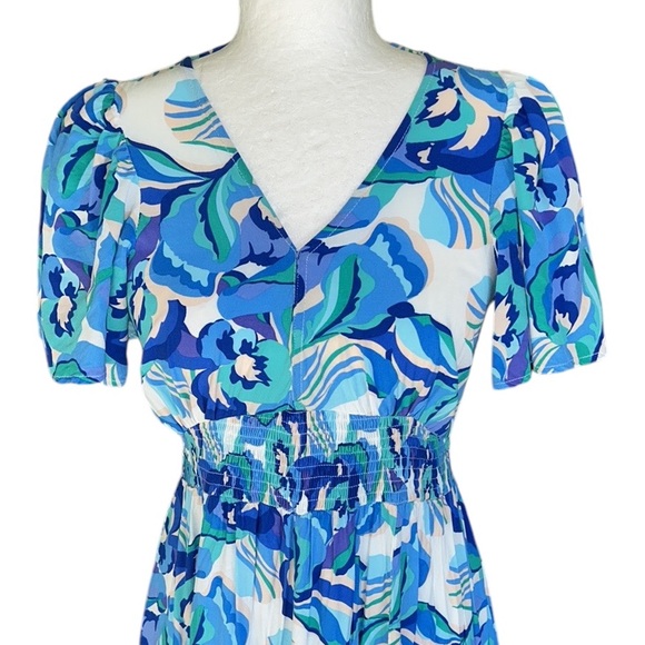 Anthropologie Abel the Label Blue Green Floral Print Tie Back Midi Dress - XS - Picture 3 of 13